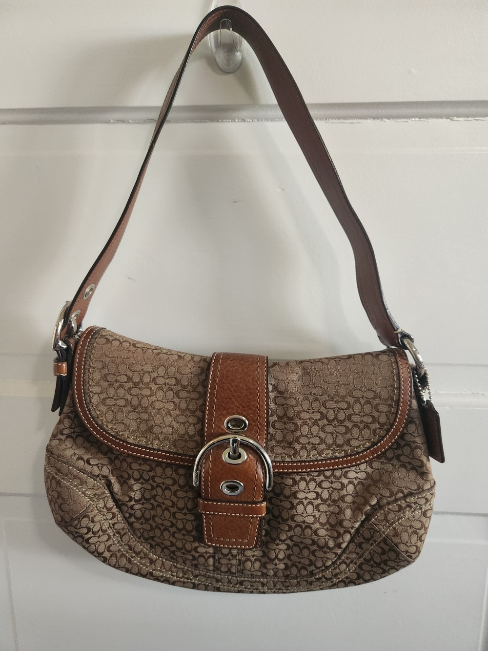 Coach Tan and Brown Signature Canvas Shoulder Bag with Buckle Detail